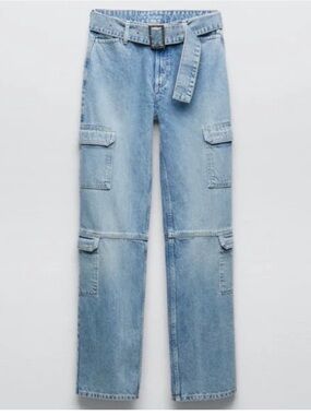 Zara Light Blue Straight-Leg Cargo Jeans with Belt